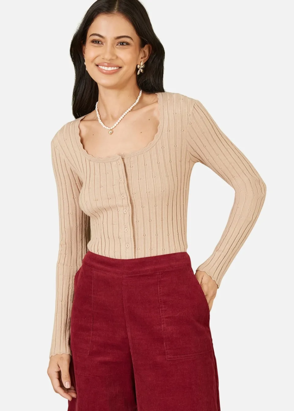 Tops>Yumi Oatmeal Fitted Rib Button Up Cardigan