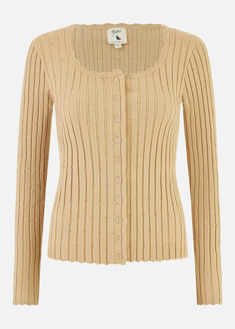Tops>Yumi Oatmeal Fitted Rib Button Up Cardigan