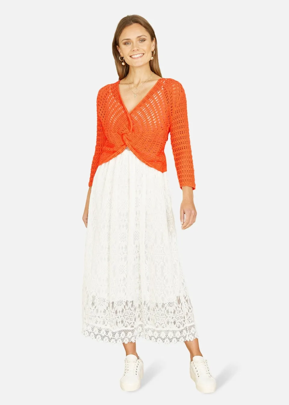 Tops>Yumi Orange Crochet Cotton Twisted Bolero Top