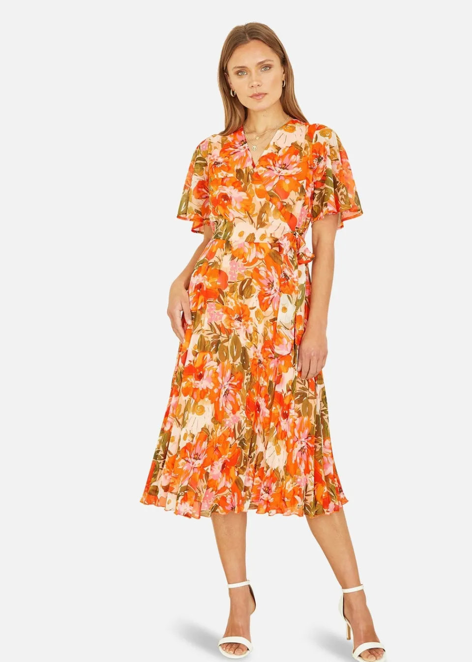 Dresses>Yumi Orange Floral Midi Wrap Pleated Dress