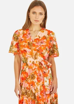 Dresses>Yumi Orange Floral Midi Wrap Pleated Dress