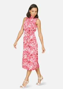Dresses>Yumi Pink Blossom Print Halter Neck Midi Dress With Split Hem