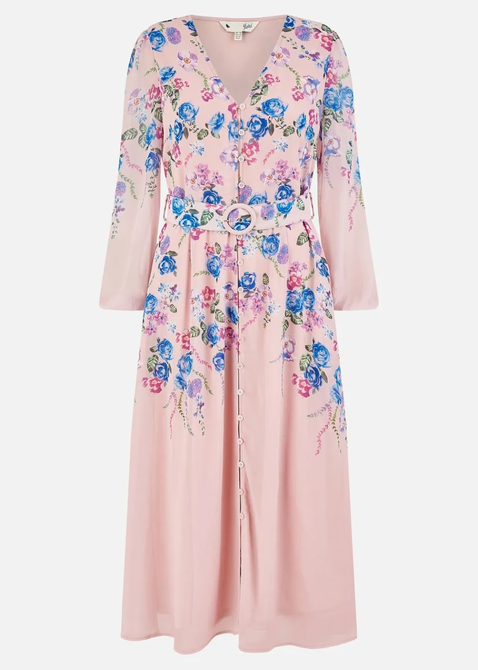 Dresses>Yumi Pink Floral Placement Button Down Midi Dress With Long Sleeves