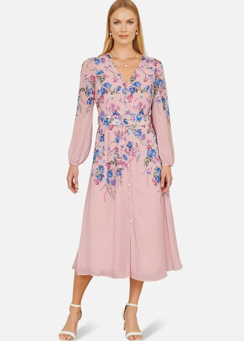 Dresses>Yumi Pink Floral Placement Button Down Midi Dress With Long Sleeves