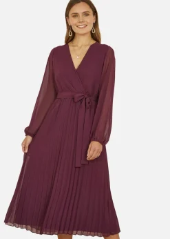 Dresses>Yumi Plum Pleated Wrap Midi Dress With Sheer Long Sleeves