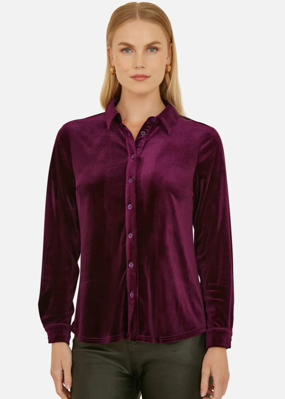 Tops>Yumi Plum Velvet Relaxed Fit Shirt