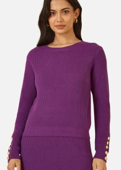 Tops>Yumi Purple Rib Knitted Jumper With Sleeve Button Detail