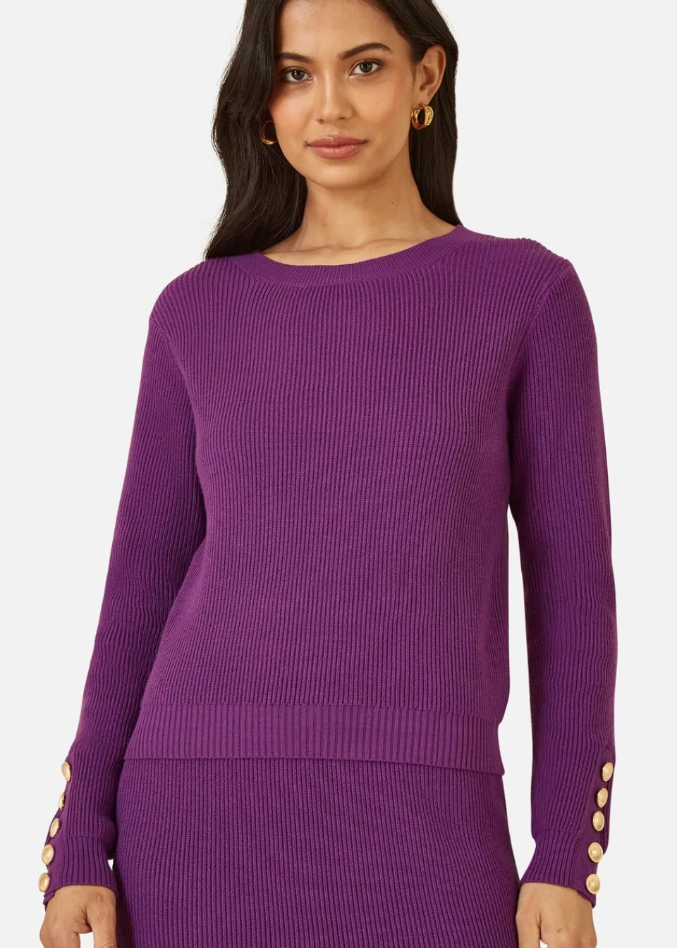Tops>Yumi Purple Rib Knitted Jumper With Sleeve Button Detail
