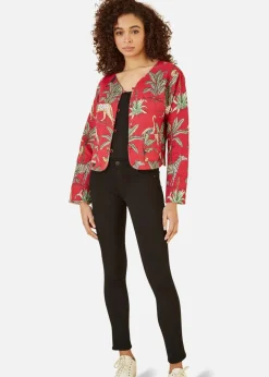 Coats & Jackets>Yumi Red Animal Print Reversible Cotton Cropped Quilted Jacket
