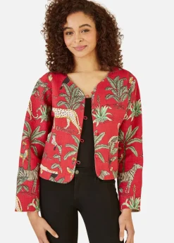 Coats & Jackets>Yumi Red Animal Print Reversible Cotton Cropped Quilted Jacket