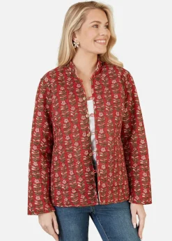 Coats & Jackets>Yumi Red Floral Print Reversible Cotton Quilted Jacket