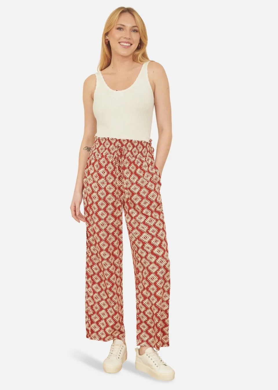 Trousers>Yumi Red Geo Print Relaxed Fit Trousers