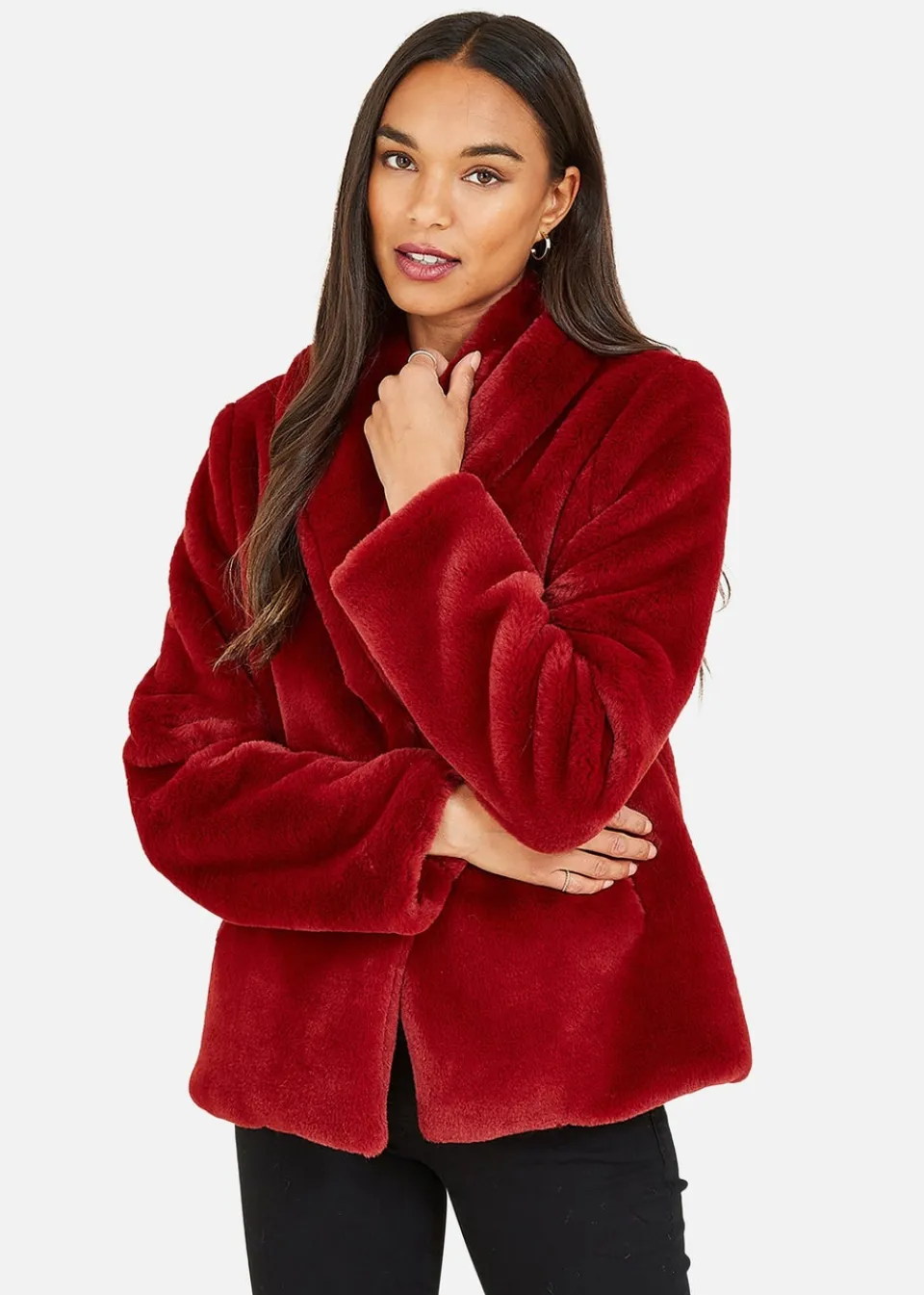 Coats & Jackets>Yumi Red Short Wrap Faux Fur Coat