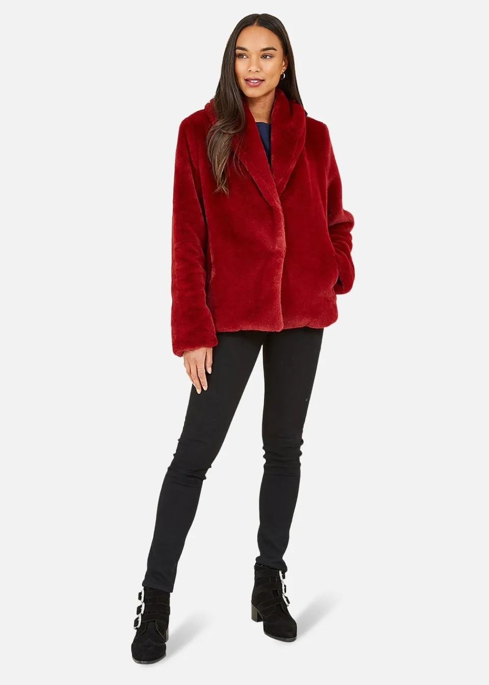 Coats & Jackets>Yumi Red Short Wrap Faux Fur Coat