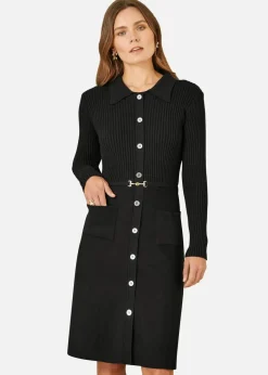 Knitwear>Yumi Rib Knit Midi Shirt Dress With Snaffle Belt
