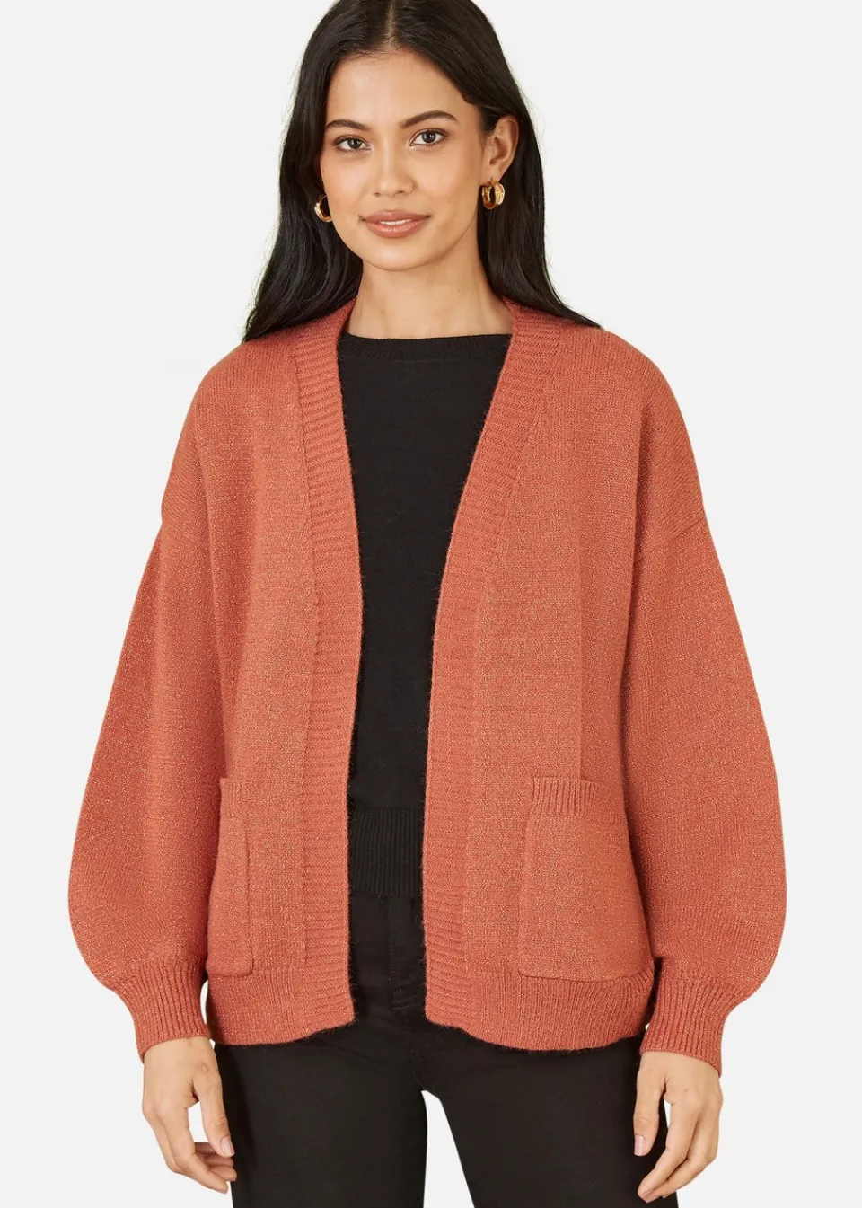 Tops>Yumi Rust Metallic Relaxed Slouchy Cardigan With Pockets