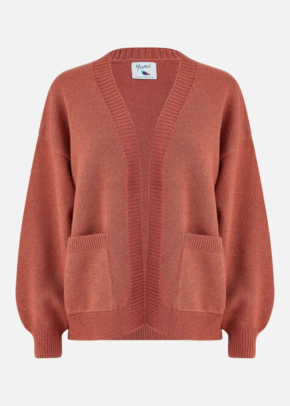 Tops>Yumi Rust Metallic Relaxed Slouchy Cardigan With Pockets