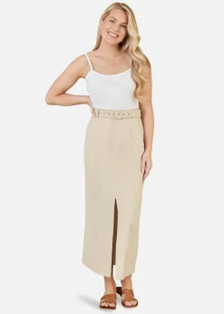 Skirts>Yumi Stone Cotton Midi Skirt With Belt And Split Hem