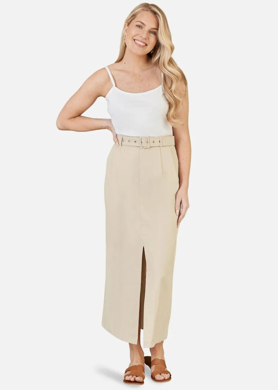 Skirts>Yumi Stone Cotton Midi Skirt With Belt And Split Hem
