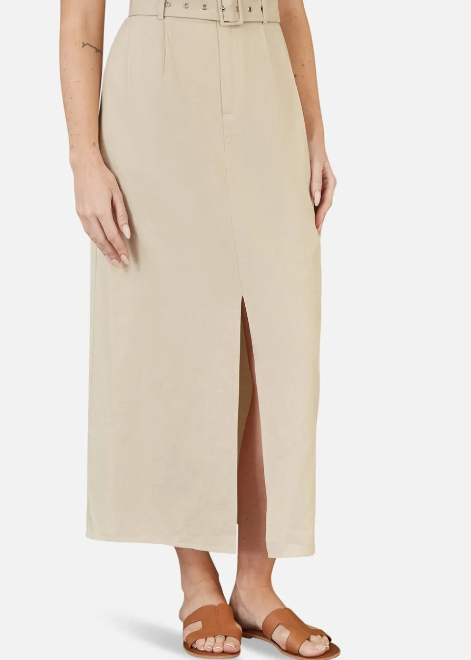 Skirts>Yumi Stone Cotton Midi Skirt With Belt And Split Hem