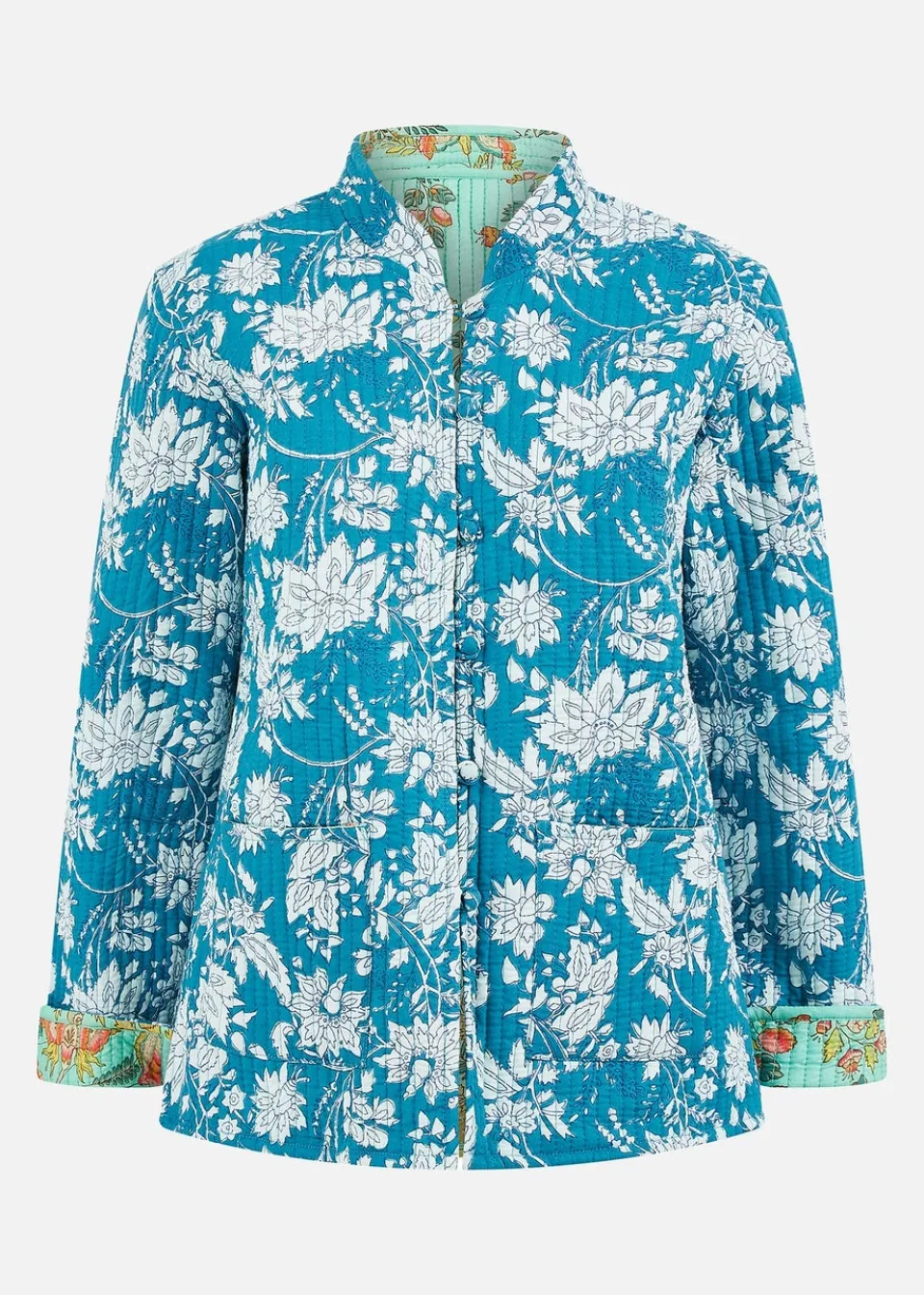 Coats & Jackets>Yumi Teal Floral Reversible Cotton Quilted Jacket