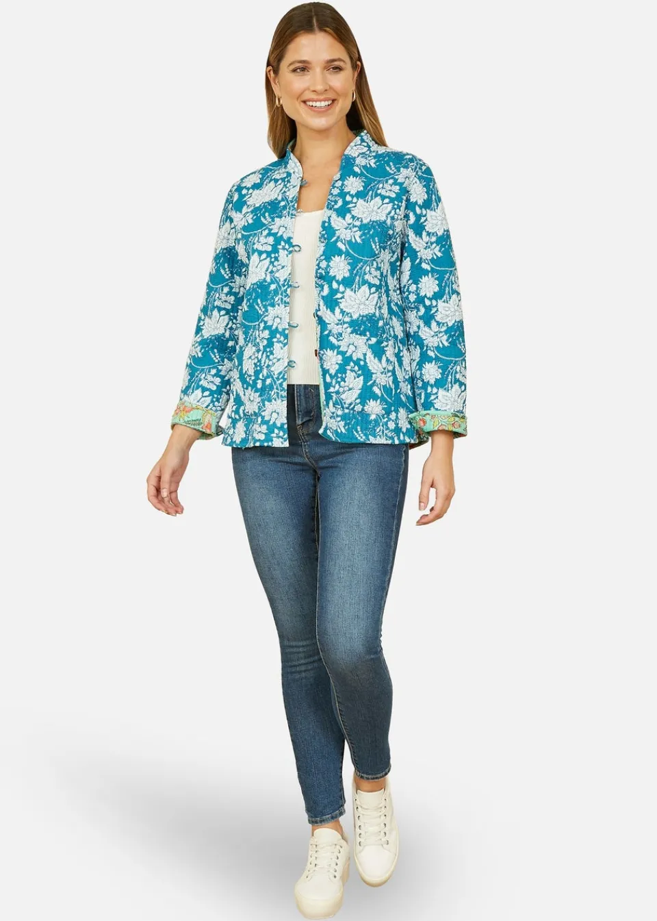 Coats & Jackets>Yumi Teal Floral Reversible Cotton Quilted Jacket