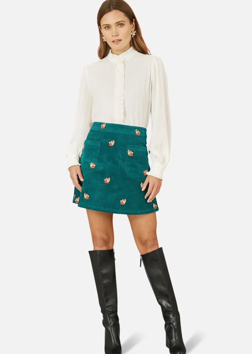 Skirts>Yumi Teal Fox Embroidered Cord Mini Skirt