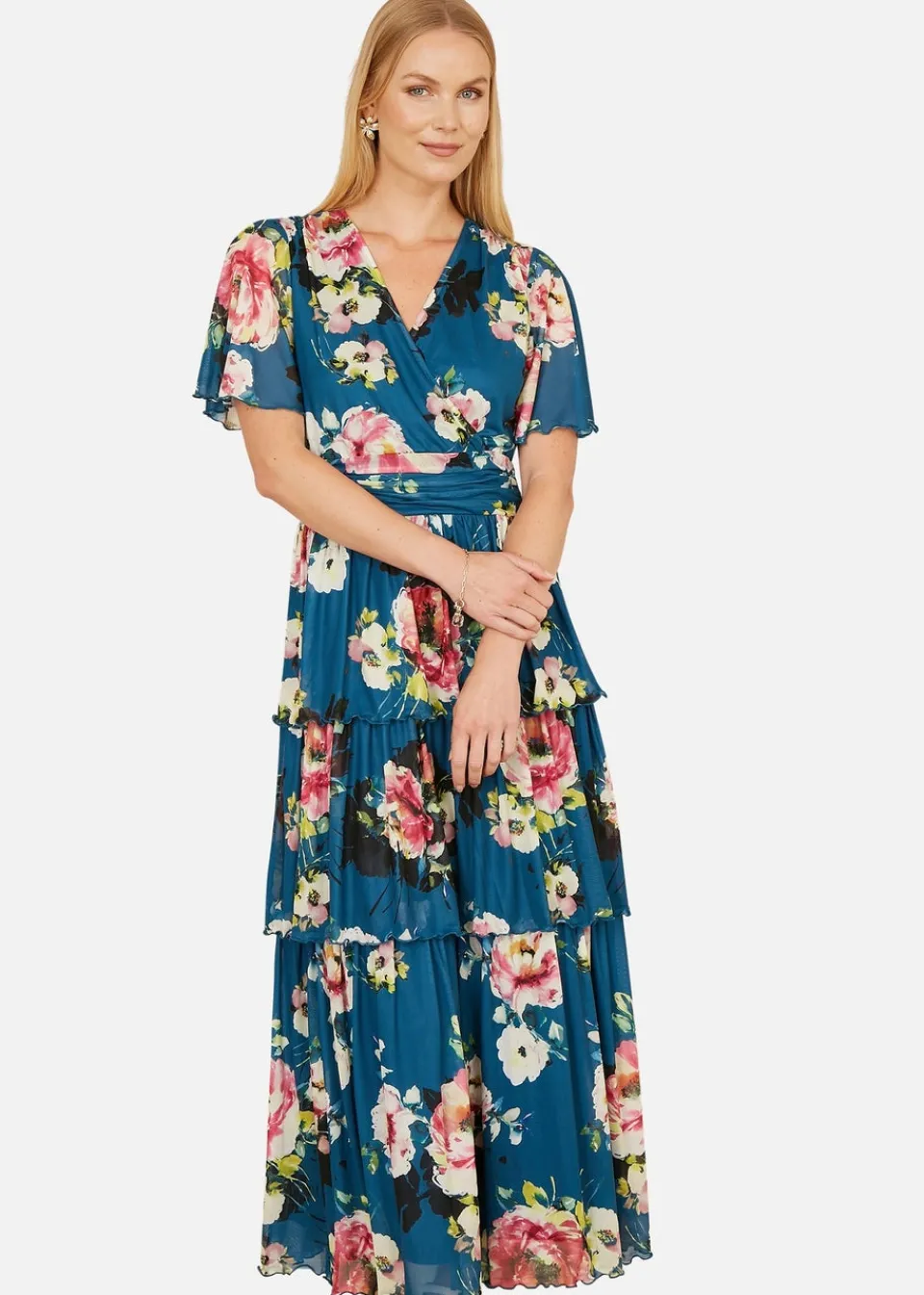Dresses>Yumi Teal Green Floral Mesh Tiered Maxi Dress