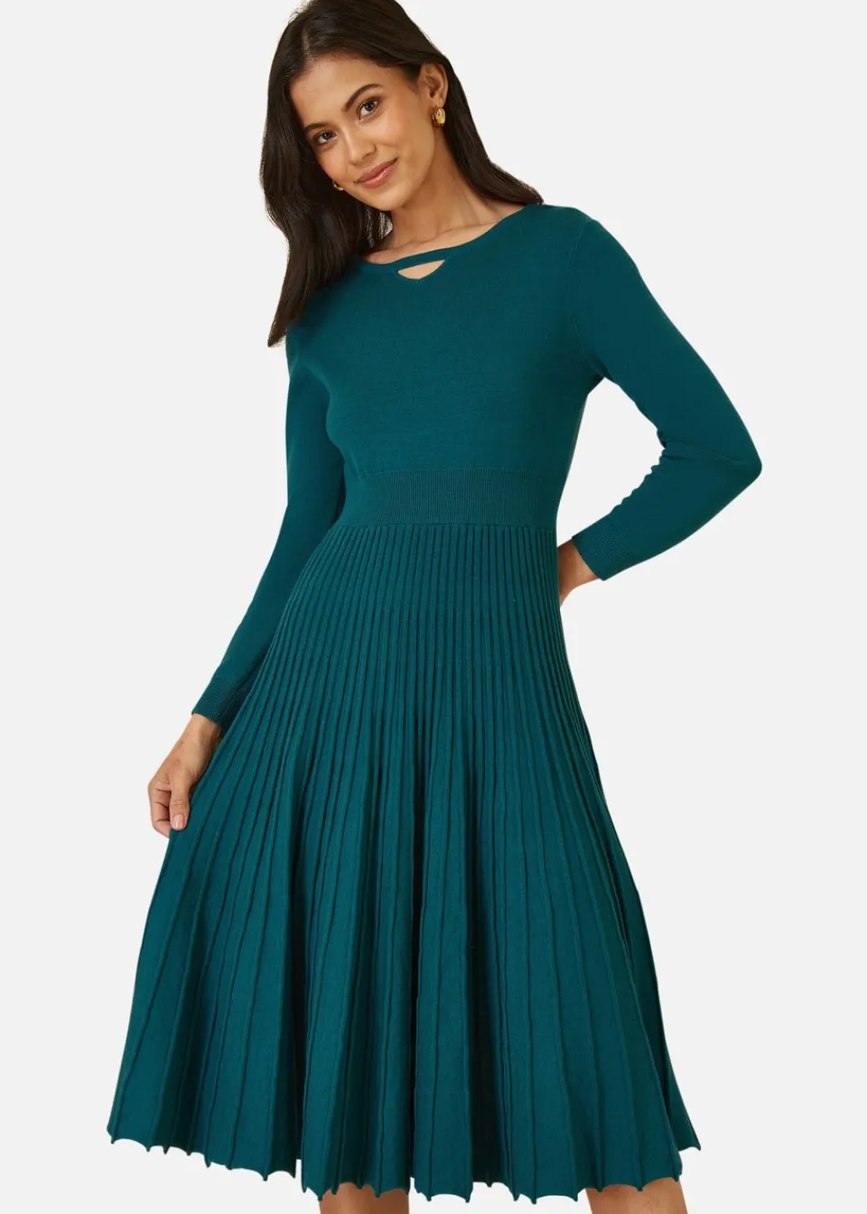 Knitwear>Yumi Teal Knitted Pleated Skater Dress With Notch Neckline