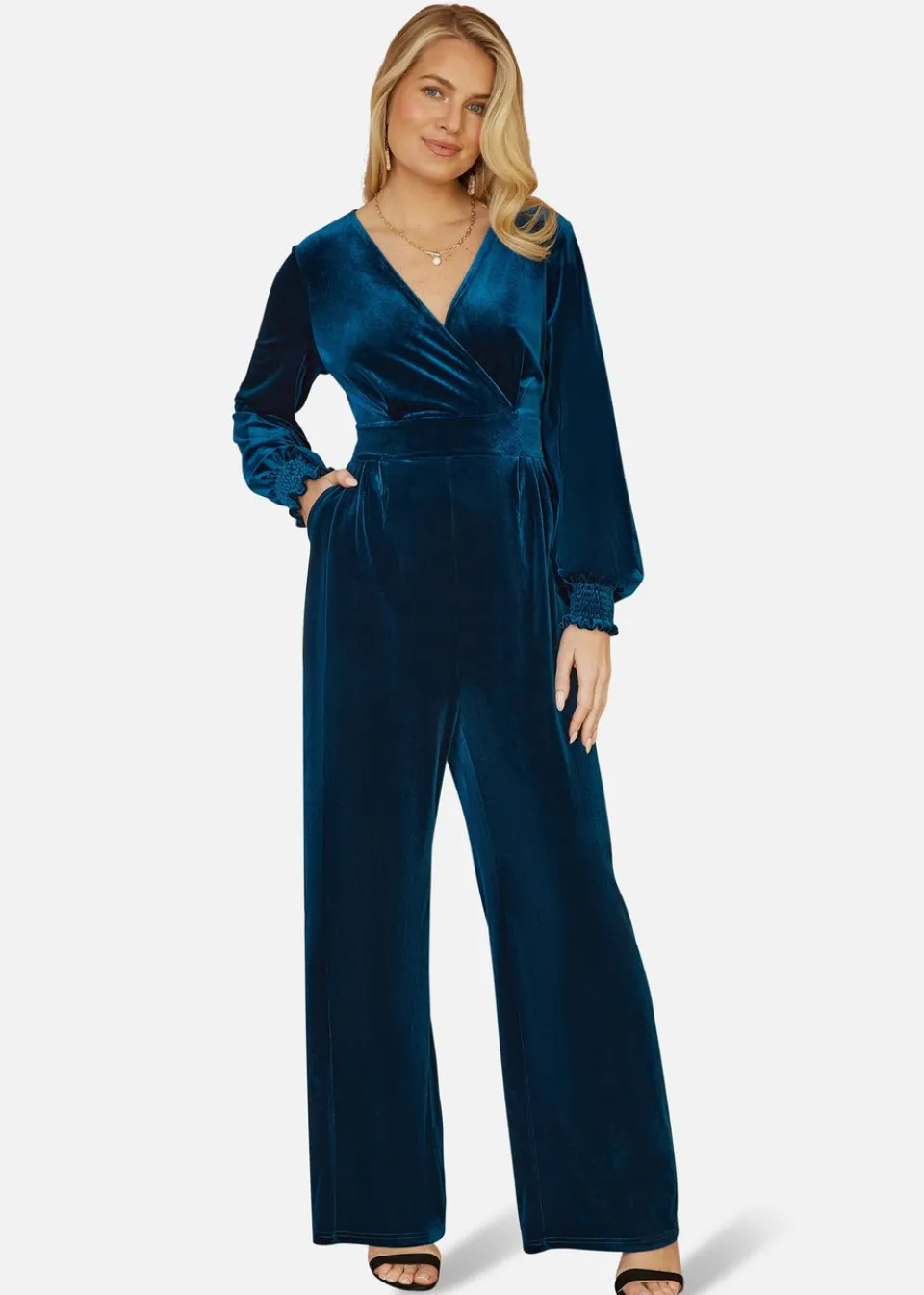 Jumpsuits & Playsuits>Yumi Teal Velvet Long sleeve Jumpsuit