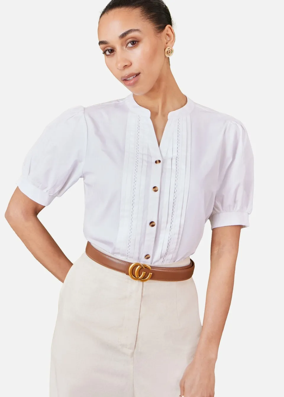 Blouses & Shirts>Yumi White Cotton Pleated Short Sleeve Shirt