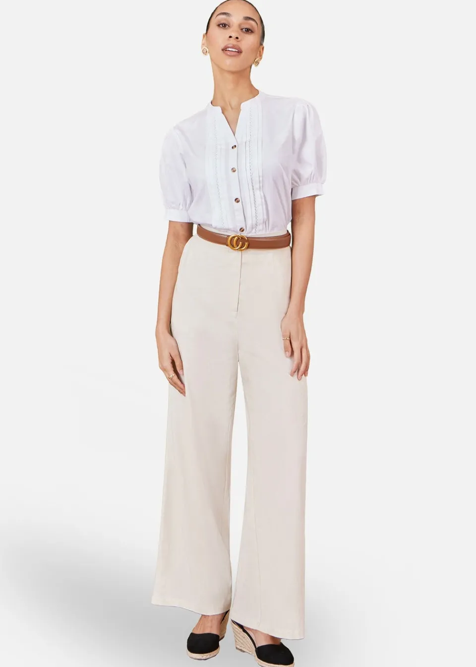 Blouses & Shirts>Yumi White Cotton Pleated Short Sleeve Shirt