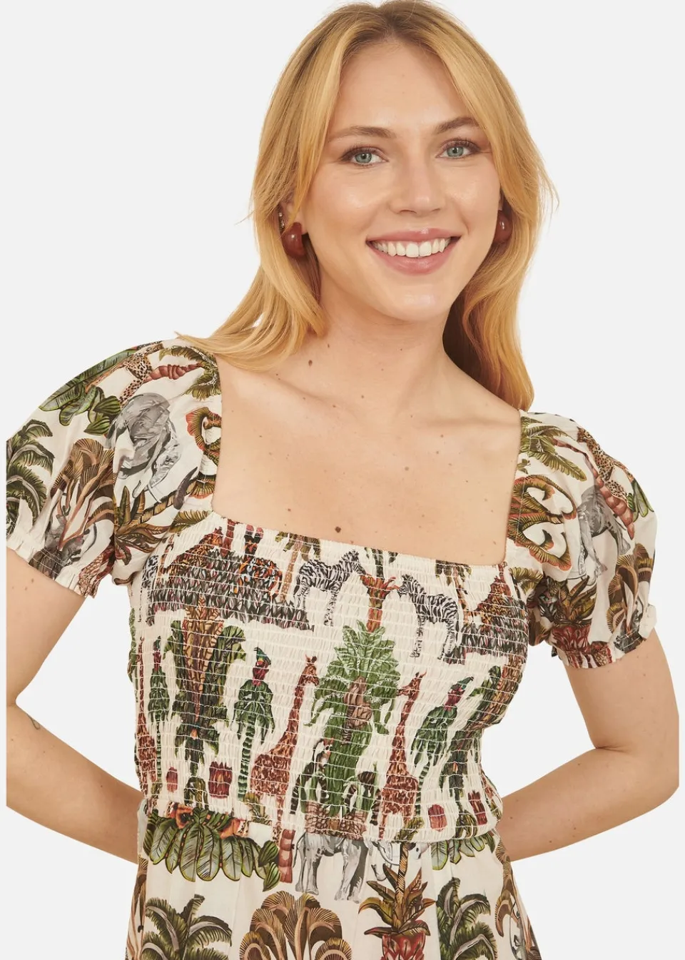 Dresses>Yumi White Cotton Safari Print Ruched Midi Dress