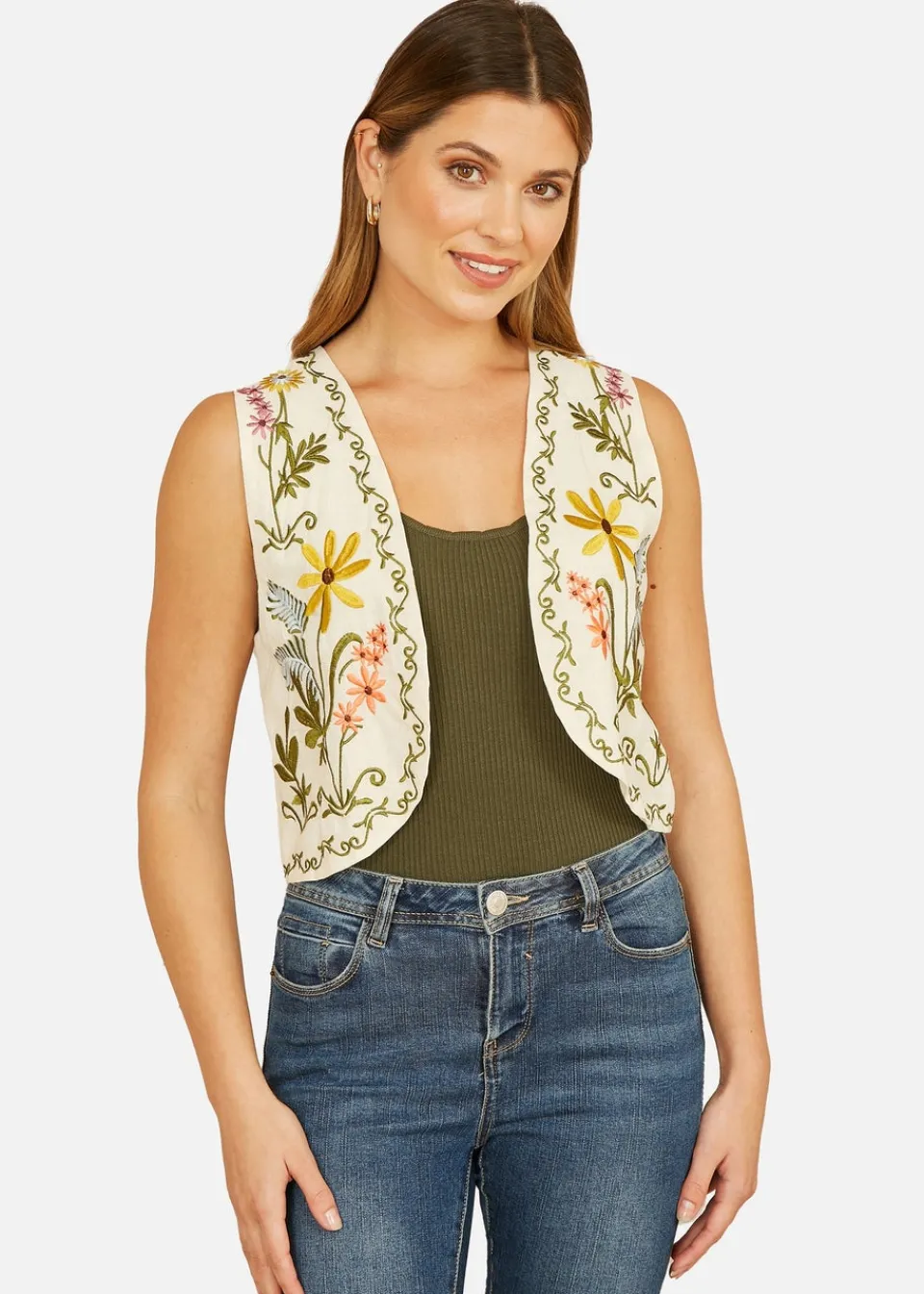 Tops>Yumi White Floral Embroidered Cotton Waist Coat