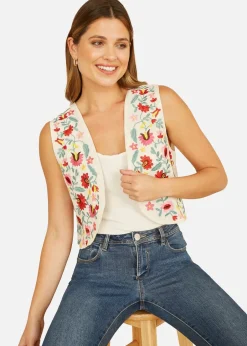 Tops>Yumi White Folk Embroidered Cotton Waist Coat