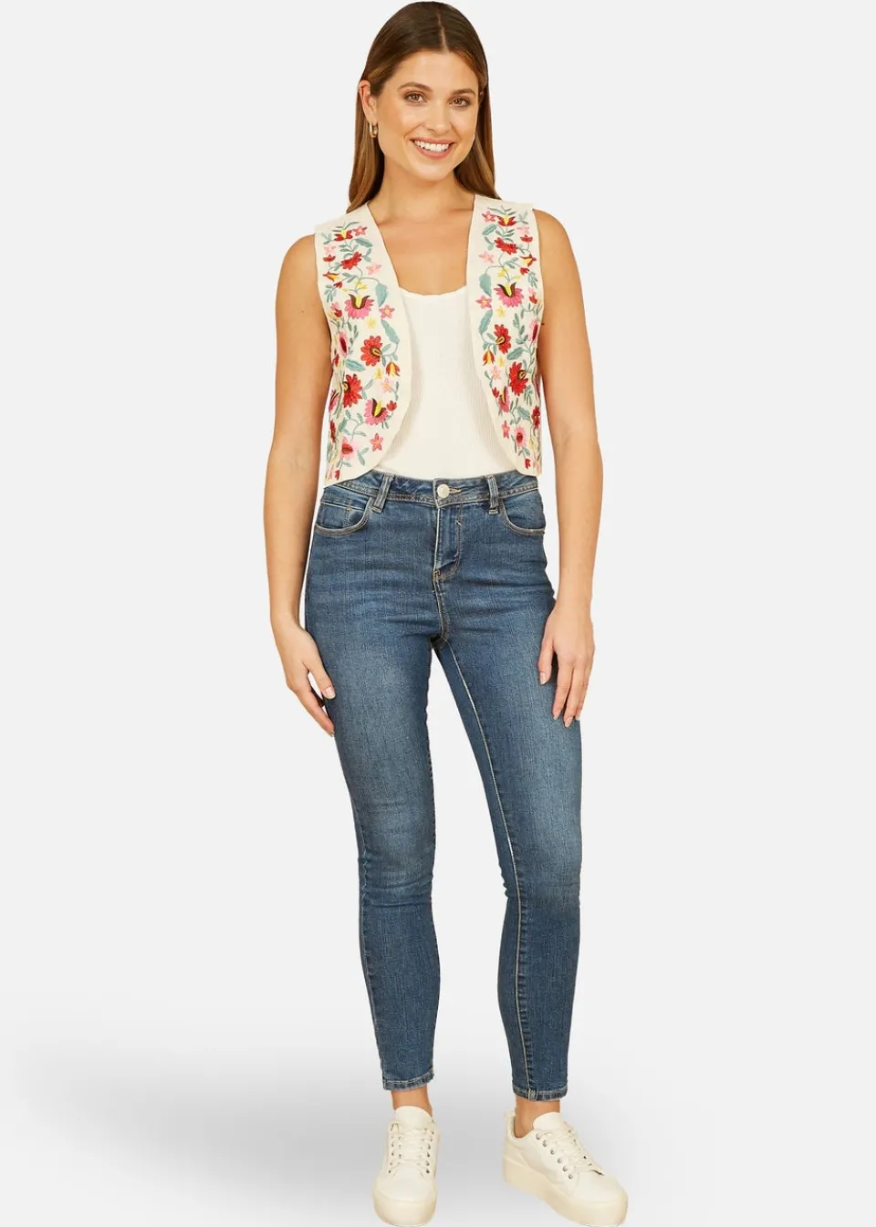Tops>Yumi White Folk Embroidered Cotton Waist Coat