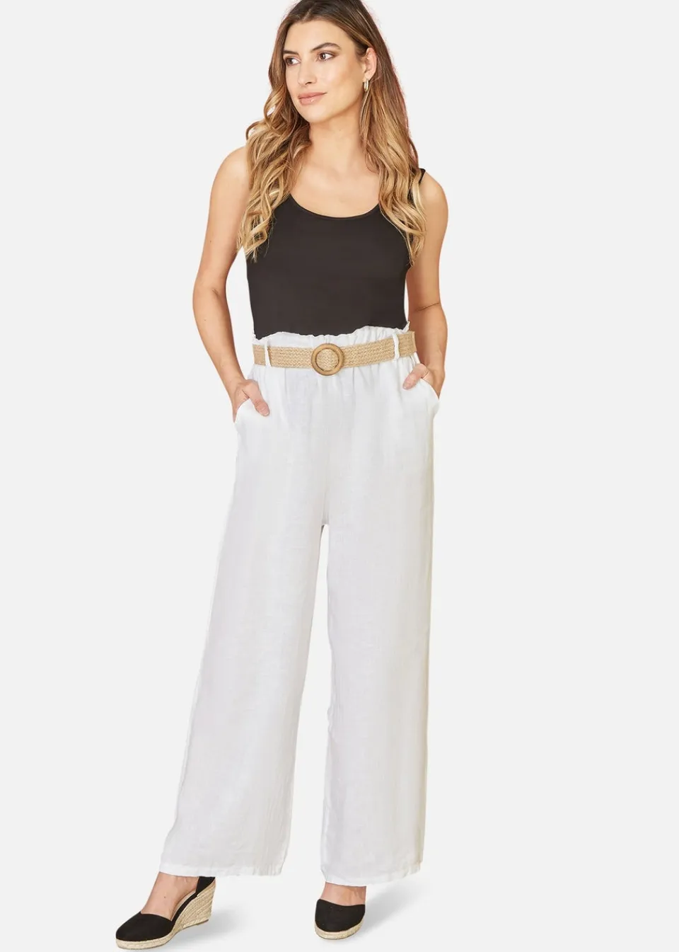 Trousers>Yumi Italian Linen Wide Leg Trousers With Belt White