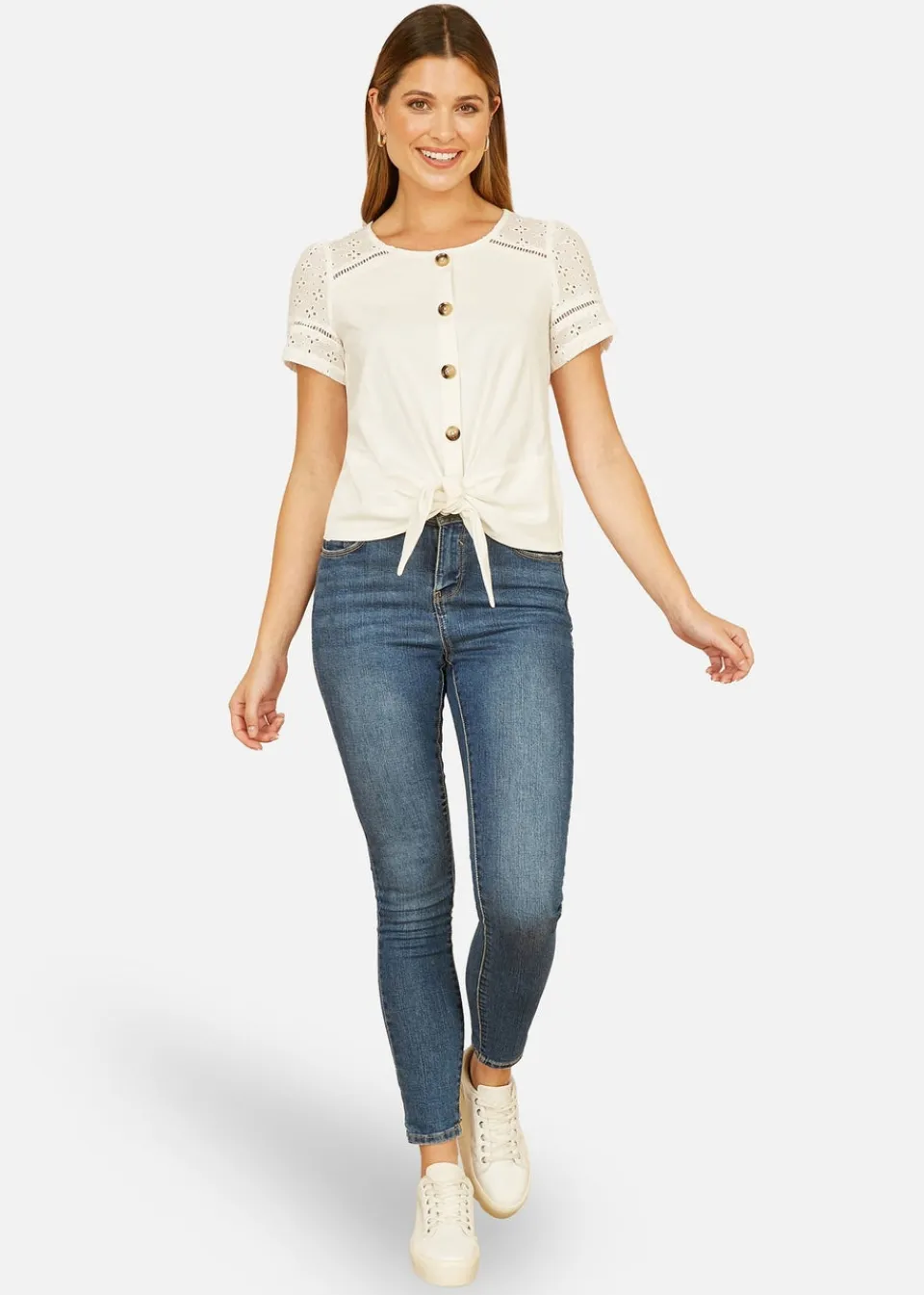 Tops>Yumi White Jersey Button Detail T Shirt With Broderie Anglaise Sleeves & Tie Front