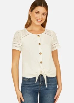 Tops>Yumi White Jersey Button Detail T Shirt With Broderie Anglaise Sleeves & Tie Front