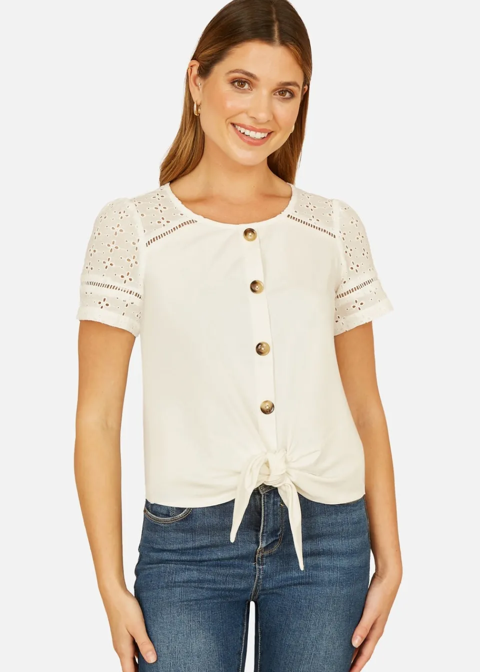 Tops>Yumi White Jersey Button Detail T Shirt With Broderie Anglaise Sleeves & Tie Front
