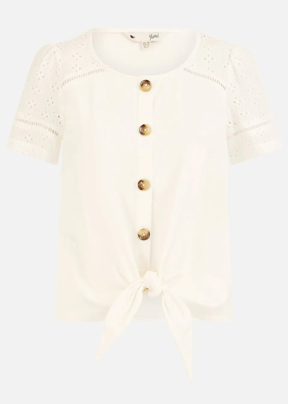 Tops>Yumi White Jersey Button Detail T Shirt With Broderie Anglaise Sleeves & Tie Front
