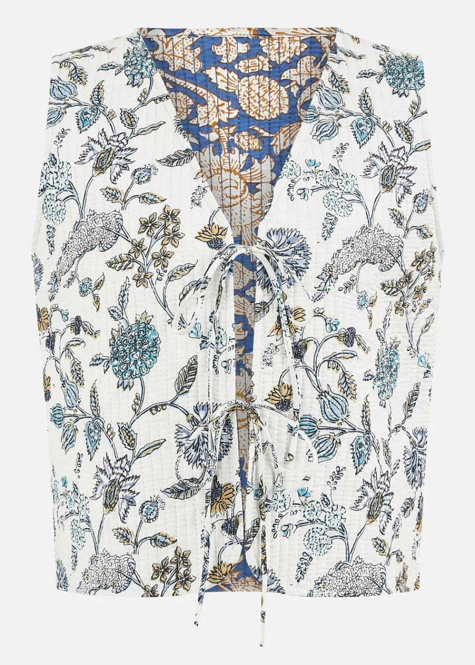 Coats & Jackets>Yumi White Leaf Reversible Cotton Quilted Waistcoat