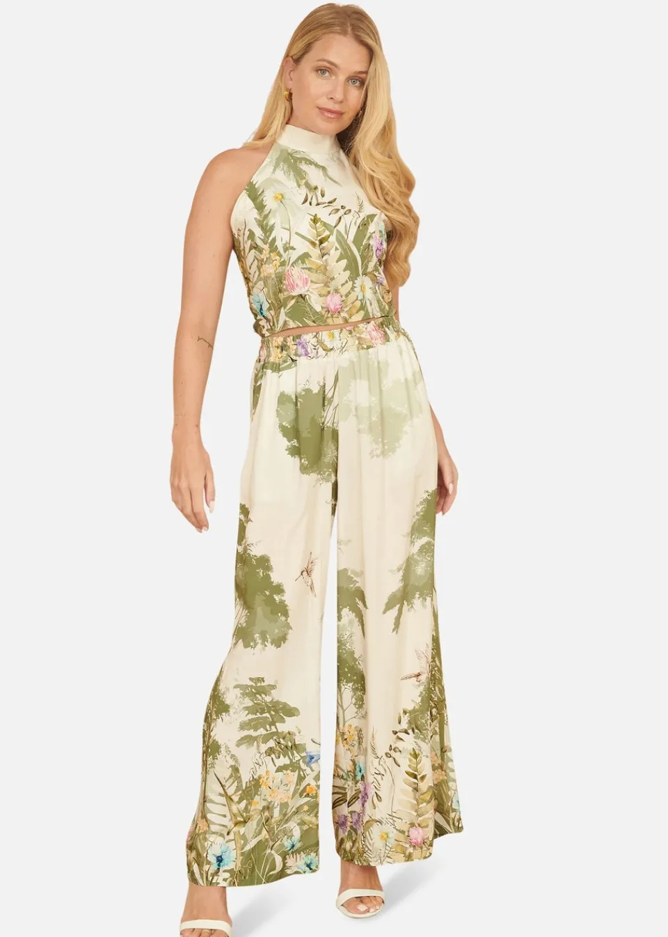 Trousers>Yumi White Palm Print Wide Leg Trousers