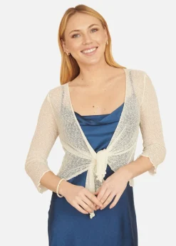 Tops>Yumi White Popcorn Yarn Tie Front Bolero