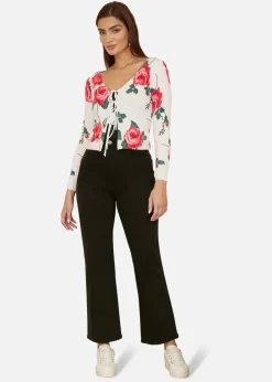 Knitwear>Yumi White Rose Print Cardigan With Tie Front