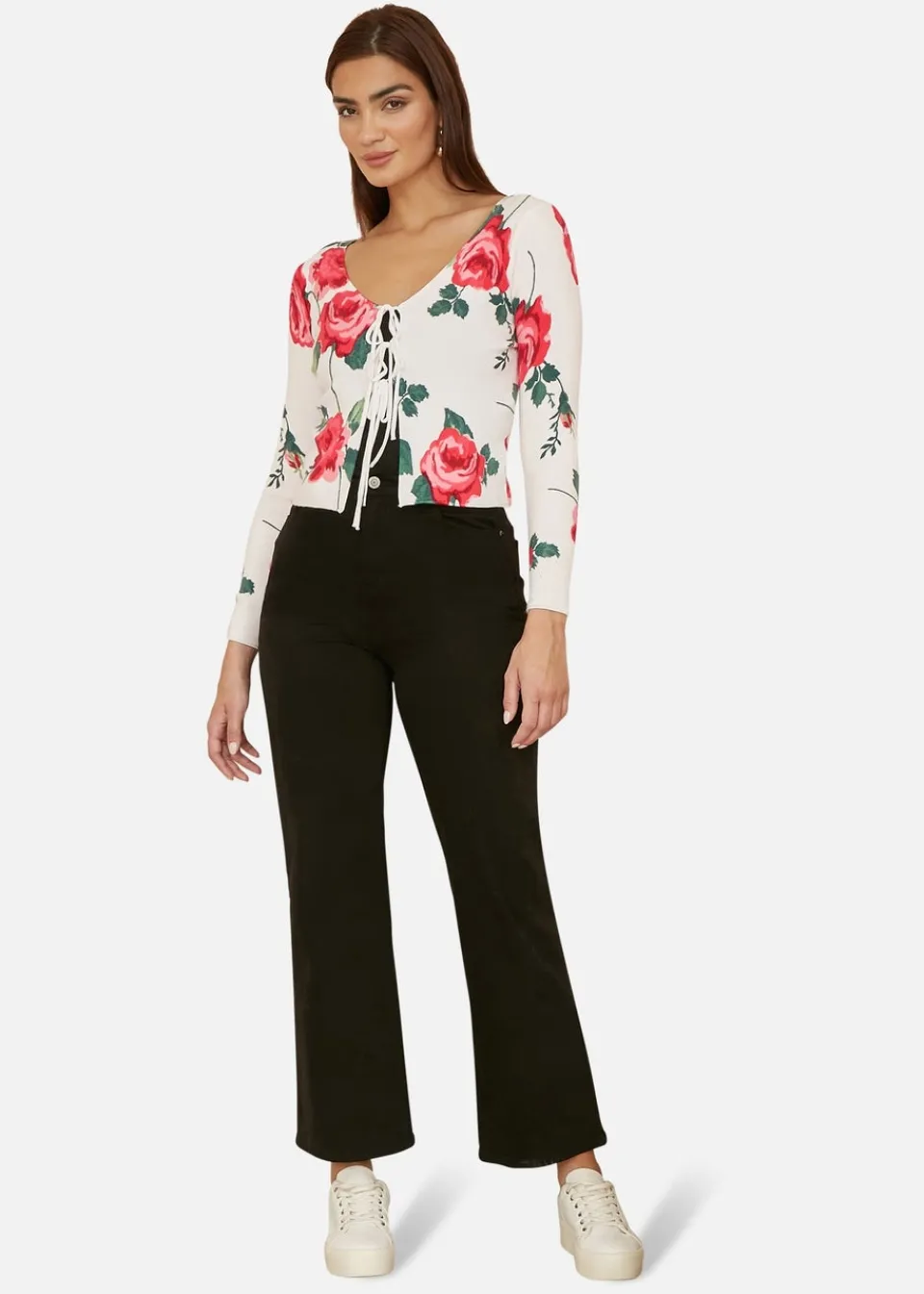 Knitwear>Yumi White Rose Print Cardigan With Tie Front