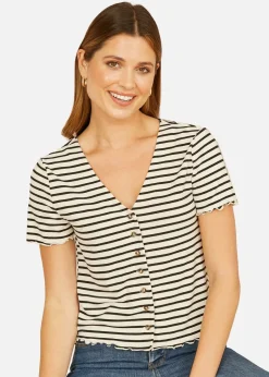 T-Shirts>Yumi White Striped Cotton Jersey Lettuce Trim T-Shirt
