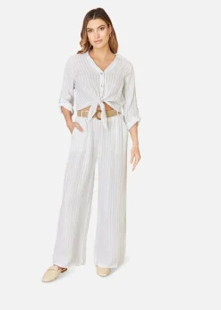 Trousers>Yumi Striped Italian Linen Wide Leg Trousers With Belt White