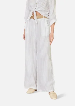 Trousers>Yumi Striped Italian Linen Wide Leg Trousers With Belt White