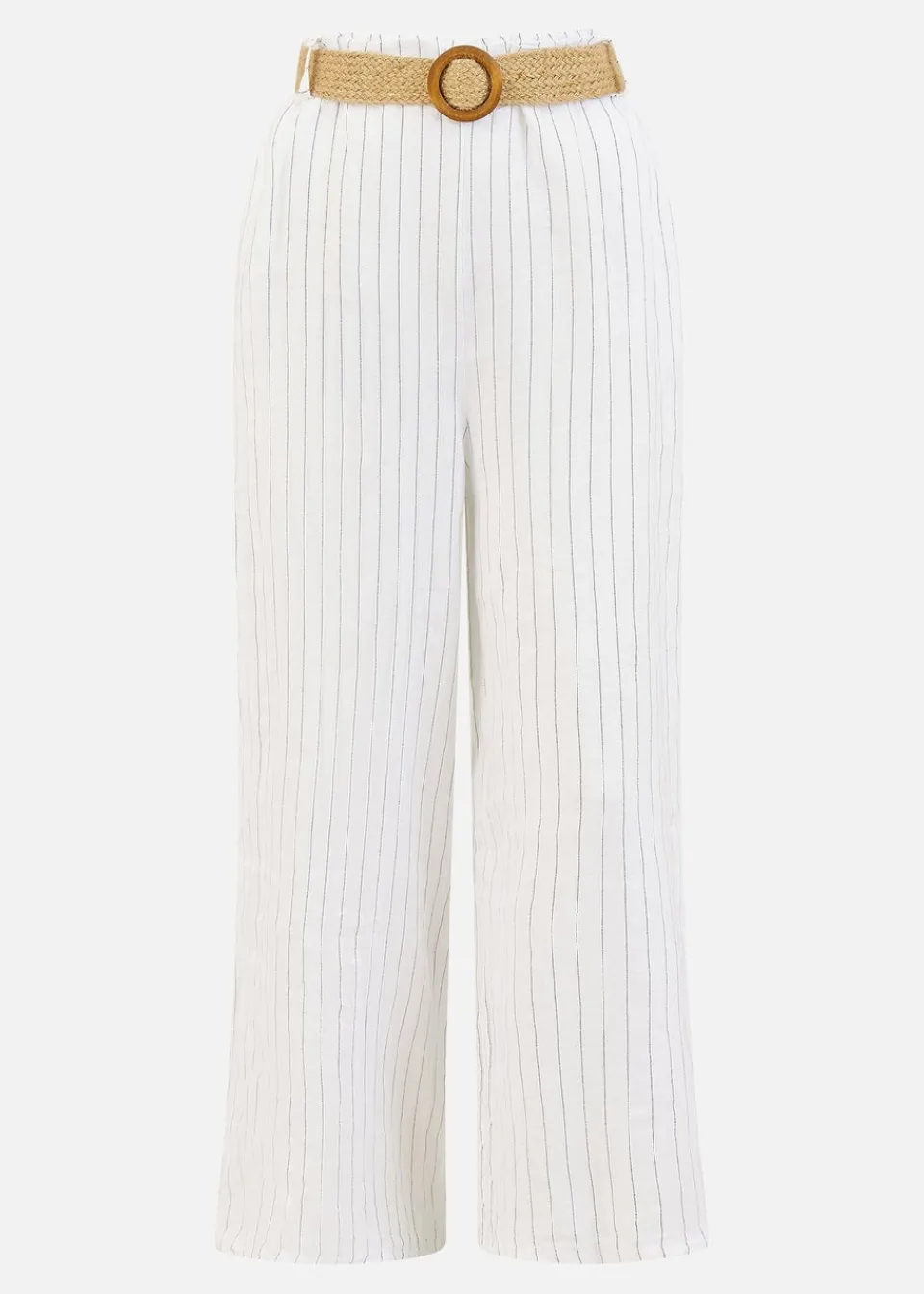 Trousers>Yumi Striped Italian Linen Wide Leg Trousers With Belt White